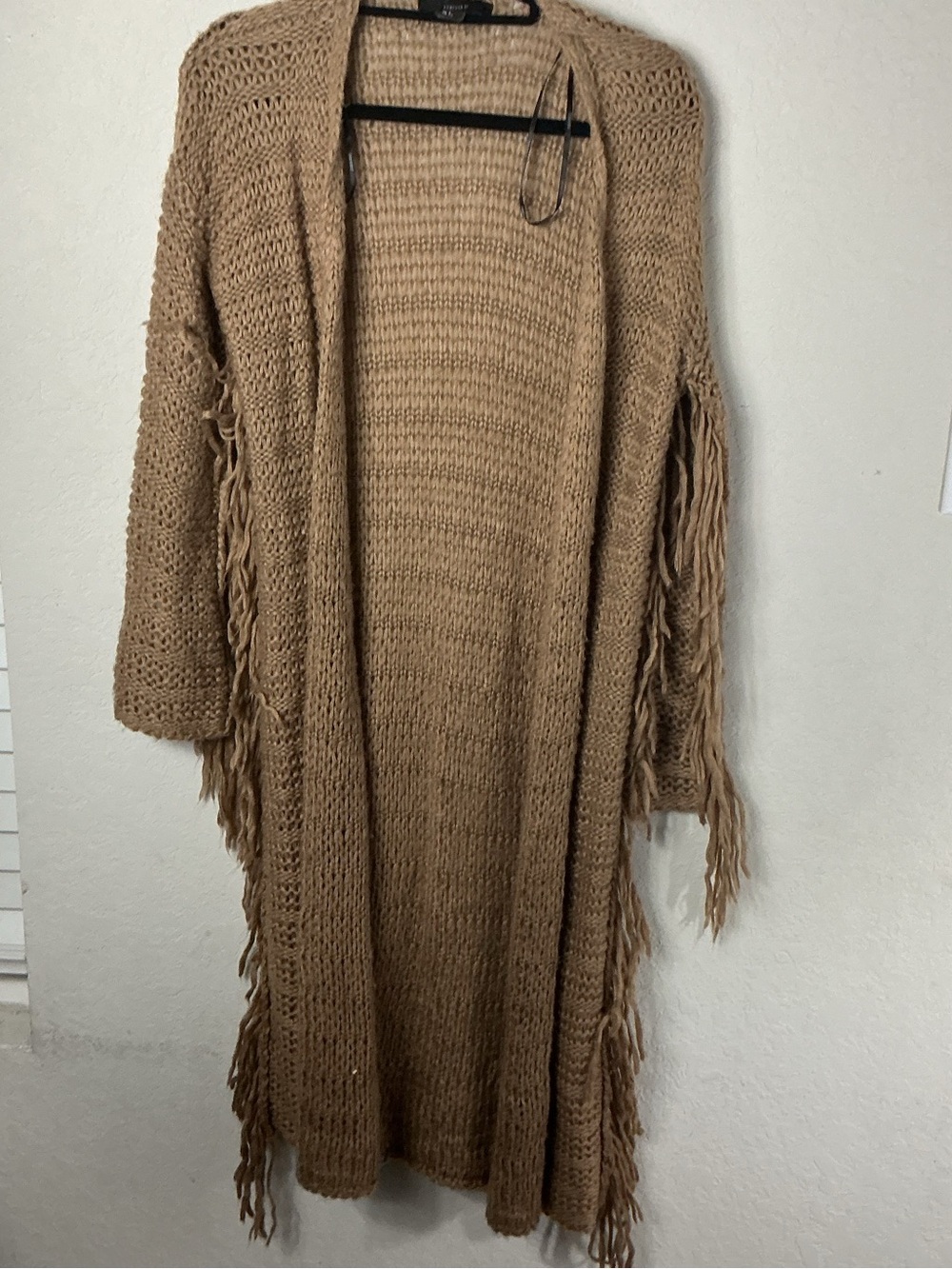 Forever 21 Fringe Open Front Long Duster Cardigan Sweater Women Small Camel Tan